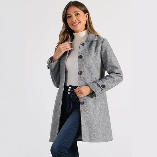 Cross-border women's winter woolen coat with Peter Pan collar, single-breasted pea coat, mid-thigh A-line coat