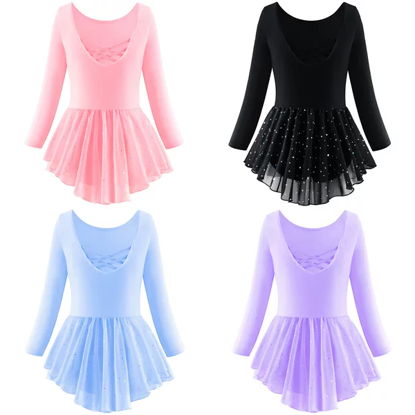 Children's Long-sleeved Dance Clothes Back Cross Ballet Dress Training Clothes Girl's one-piece Mesh Stitching Sequin Gymnastics Clothes