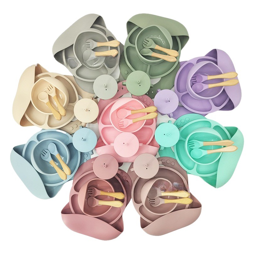 Amazon bebé vajilla de silicona alimentación 6 piezas traje de comida complementaria comer babero lechón tazón tenedor cuchara vajilla de silicona