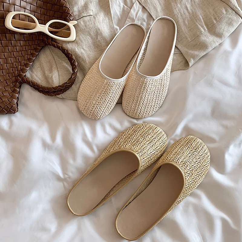 Vacaciones en Bangkok ~ Zapatillas de puntera transpirables tejidas retro para mujer, zapatillas de playa de suela blanda de verano