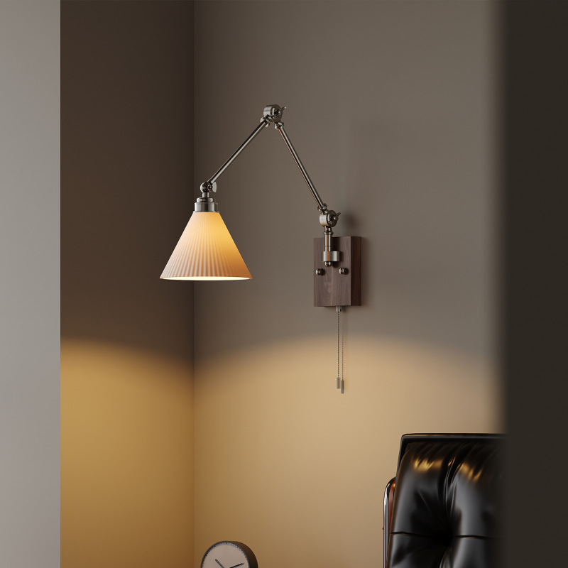 Bedroom bedside wall lamp in vintage style, adjustable and foldable arm lamp, modern minimalist study and hotel solid wood wall light fixture Bedroom bedside wall lamp in vintage style, adjustable and foldable arm lamp, modern minimalist study and hotel solid wood wall light fixture
