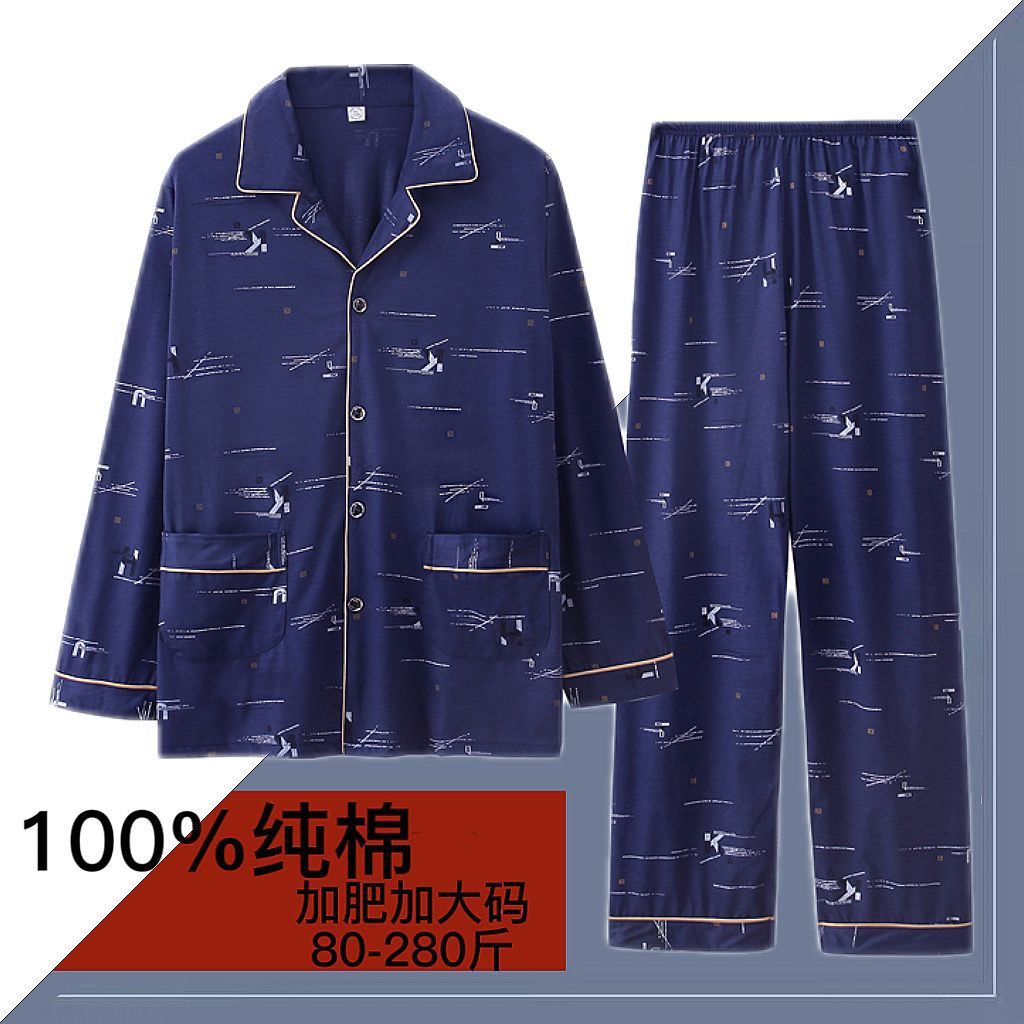 Pijamas hombres 100% algodón primavera y otoño de mediana edad engrosada más tamaño traje suelto papá de mediana edad y ancianos ropa para el hogar