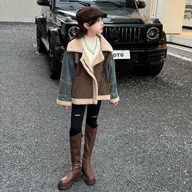 儿童加绒秋冬外套2025冬季新款女童复古英伦加厚皮毛上衣一体洋气