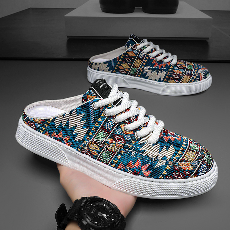 2025 Summer New Men's Slip-On Half Sneakers Breathable Mesh Casual Canvas Trendy Shoes_voghion.com