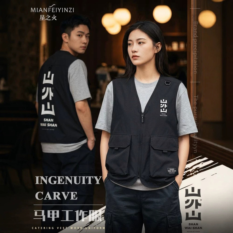 Retro Vest Workwear with Printed Logo for Barbecue Restaurants, Coffee Shops, Photographers, Bartenders, and Service Staff Retro Vest Workwear with Printed Logo for Barbecue Restaurants, Coffee Shops, Photographers, Bartenders, and Service Staff