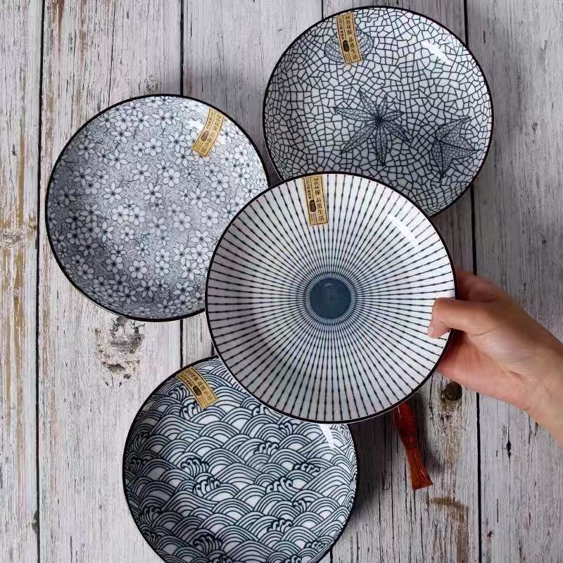Japanese Yamada Plate Vertical Pattern Ceramic Personalized Dish Ins Style Tableware Popular Rice Plate Household Retro Round Plate White Porcelain