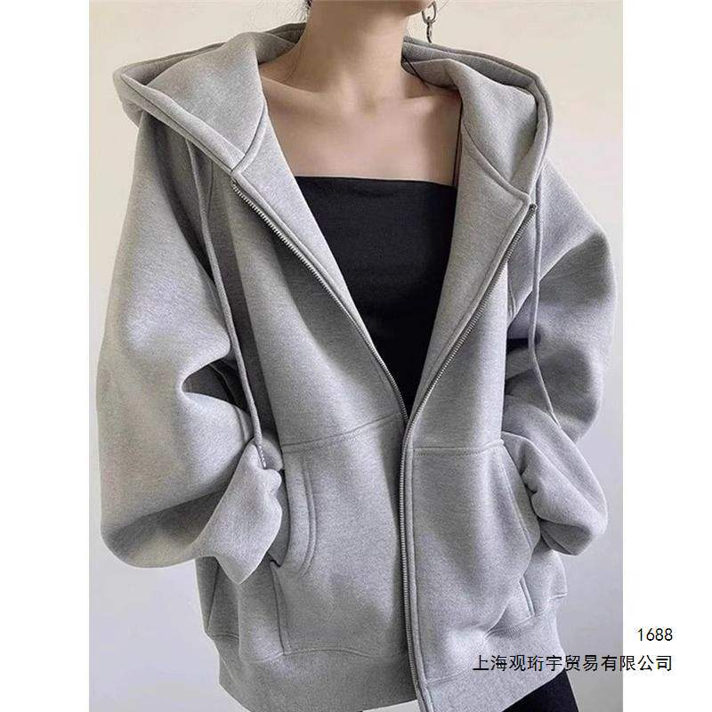 简约纯色拉链外套女秋冬纯色慵懒大码显瘦开衫百搭外套上衣潮