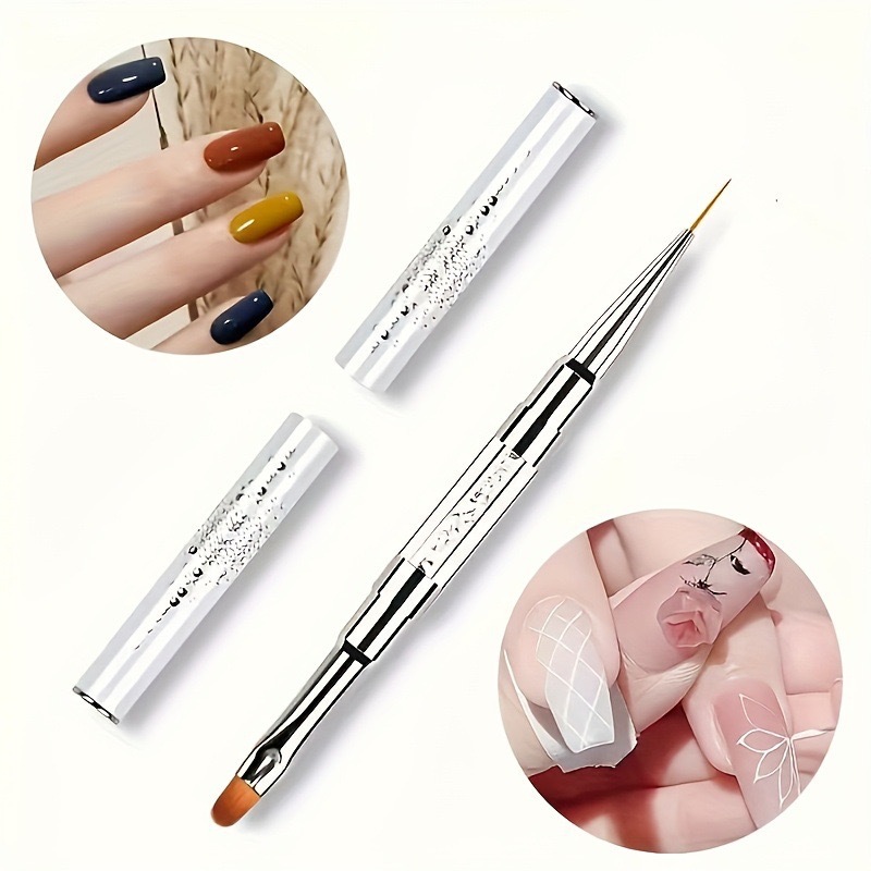 New Cross-Border Metal White Handle Carved Double-Ended Brush, Phototherapy Pen, Construction Line Drawing Pen, Multi-Functional Pen for Nail Art