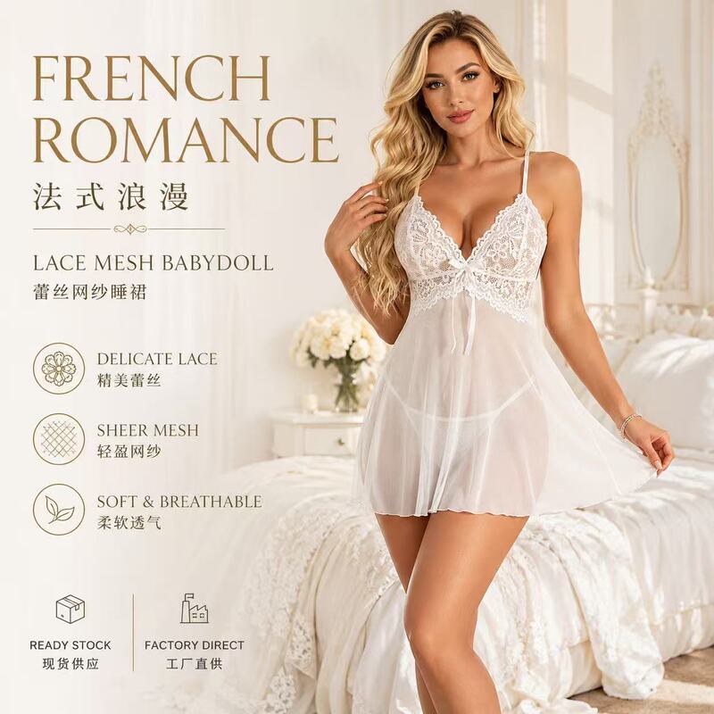 Amazon's Hot-Selling Sexy Backless Slip Dress with Lace, Mesh, and Ribbons, Lightweight Sheer Lingerie Set, Available in Multiple Sizes for Wholesale