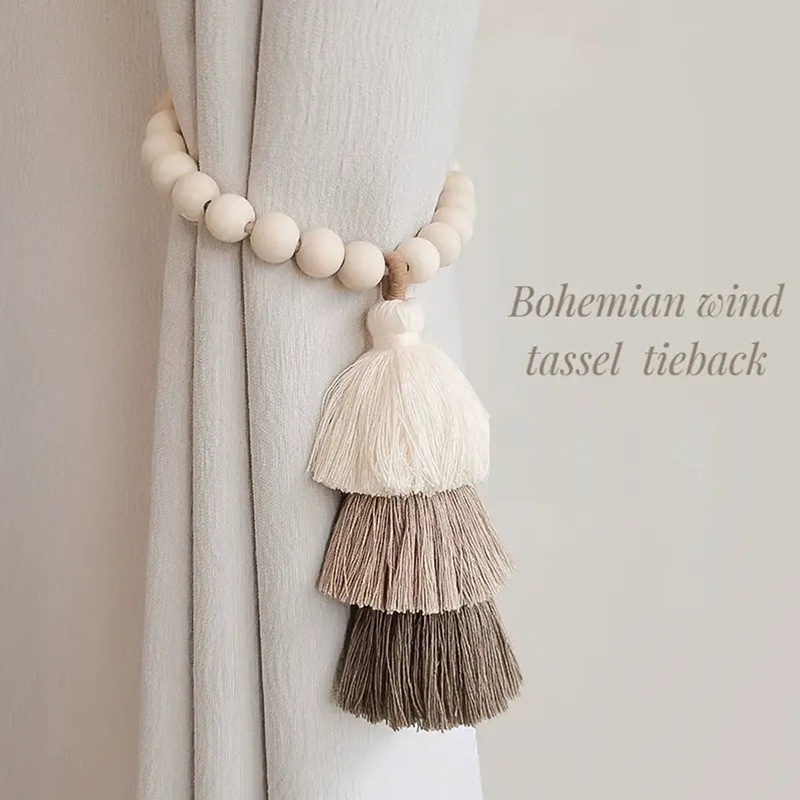 Cross-border New Curtain Tie Cartoon Rainbow Wooden Bead Tie Light Luxury French Handmade Gauze Curtain Tie Rope Curtain Buckle