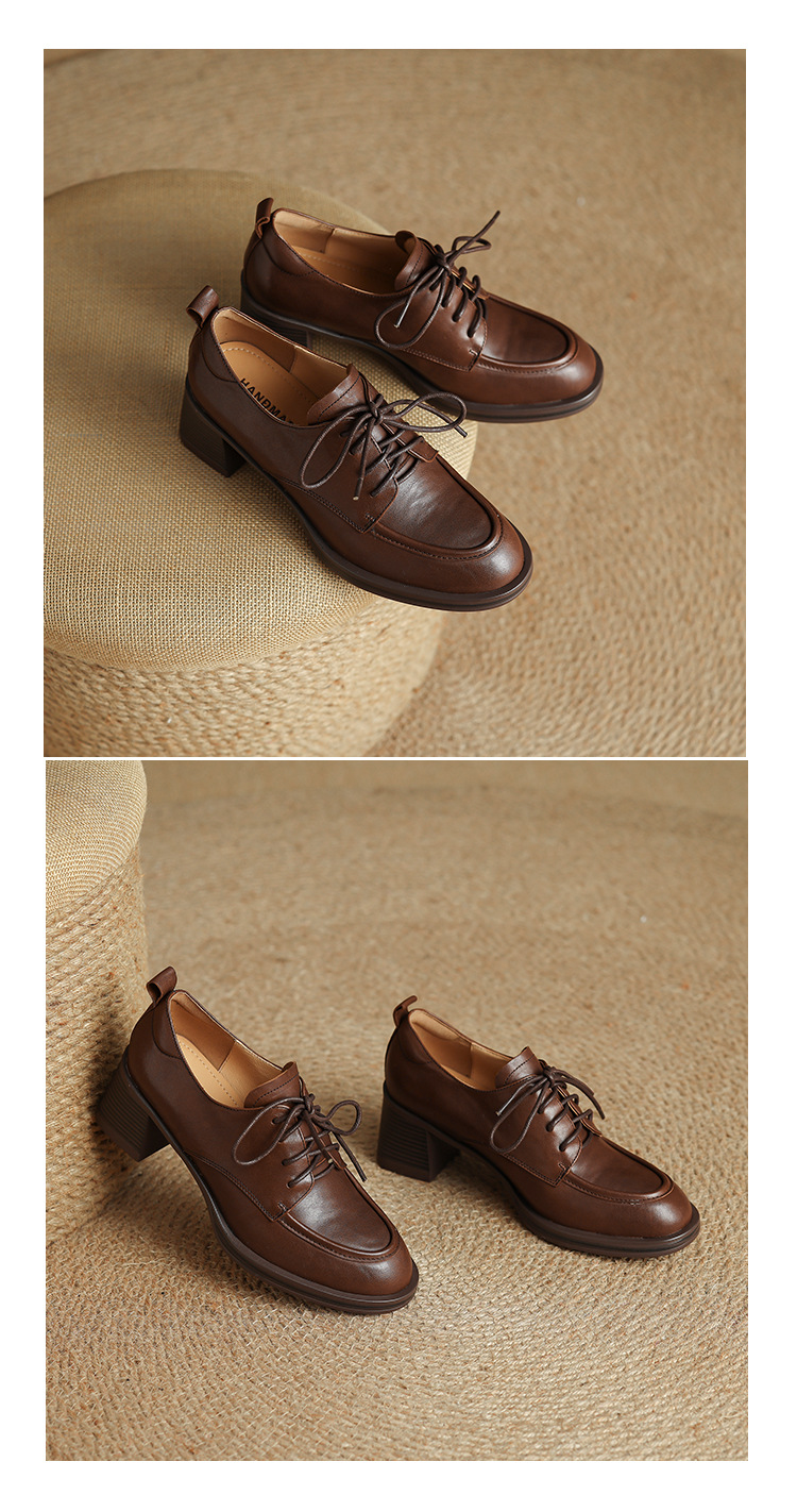 Giày cao gót nữ mũi tròn bít da bò, gót 7,6 cm, buộc dây, phong cách retro — Chiều cao gót màu nâu 7.6cm chi tiết 16