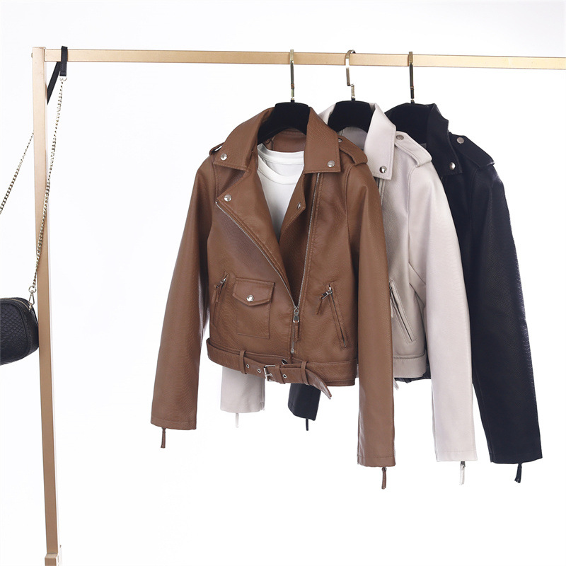 Autumn 2024 New Women's Leather Short Women's Slim-Fit Lapel Pattern PU Leather Biker Jacket Coat