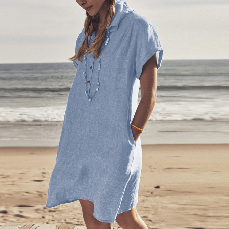 2022 Foreign Trade European And American New Cotton Linen Shirt Dress Pocket Dress Beach Dress Casual Skirt display picture 2