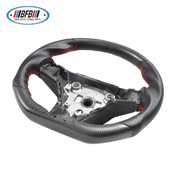 100% Real Carbon Fiber Matte Black Steering Wheel with Black Perforated Leather and Red Stitching - For Tesla Model Y - Steering Wheel Modification