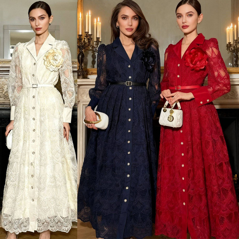 French-Style Socialite Style Heavy-Duty Hollow-Out Embroidery Dress for Women, 2026 New Model, Single-Breasted with Belt, Slimming Long Dress French-Style Socialite Style Heavy-Duty Hollow-Out Embroidery Dress for Women, 2026 New Model, Single-Breasted with Belt, Slimming Long Dress