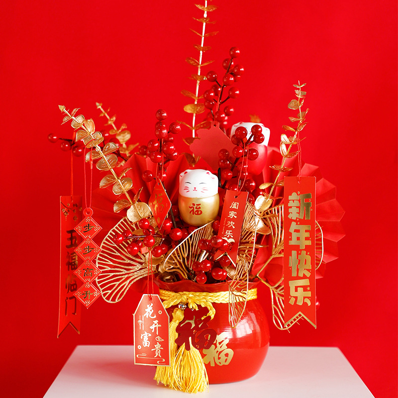 2025 bolsa de dinero de metal, cubo de bendición, cornucopia, maceta de arreglos florales de Nochevieja, material decorativo