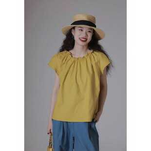 2025 Summer French Cotton and Linen Loose Short Sleeve T-Shirt with Ruffled Drawstring Round Neck for Women