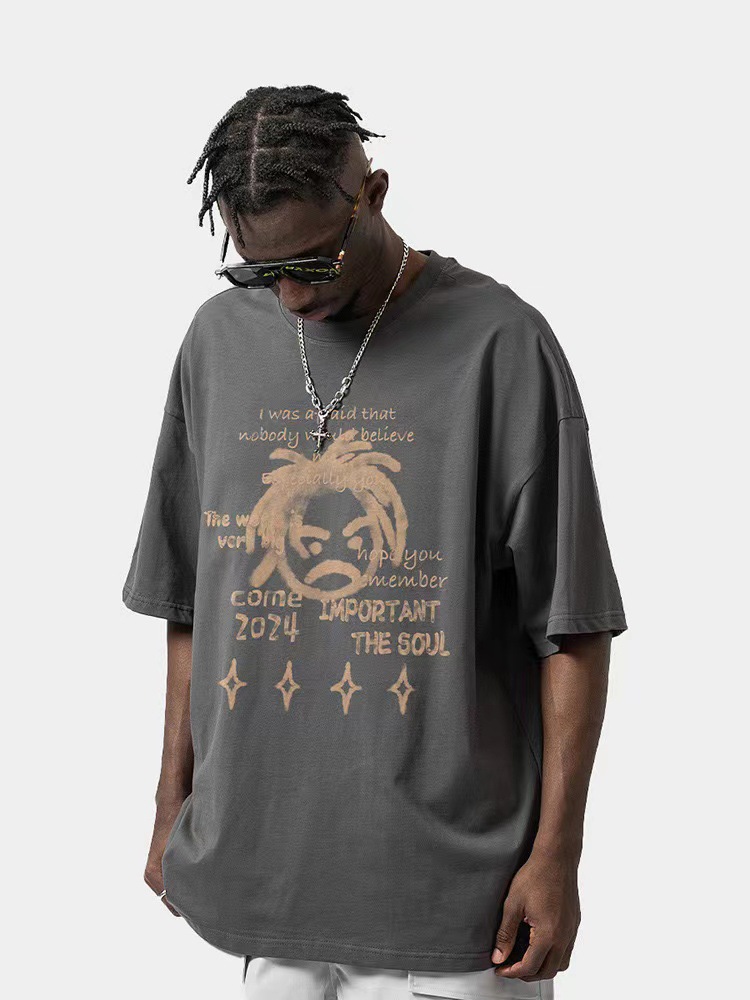 Spring and summer new loose oversize short-sleeved T-shirt men's American hip-hop style round neck trendy brand ins versatile bottoming shirt_viptrois.com