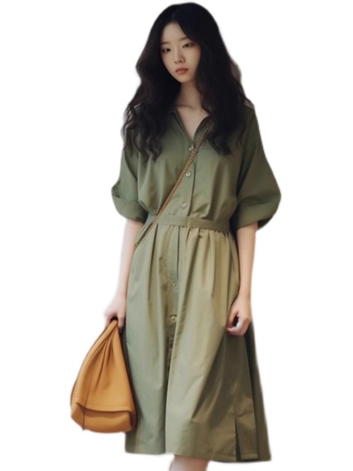 Đầm maxi cổ chữ V xanh lá rộng rãi dáng quả lê mùa hè — Váy liền màu xanh lá chi tiết 3