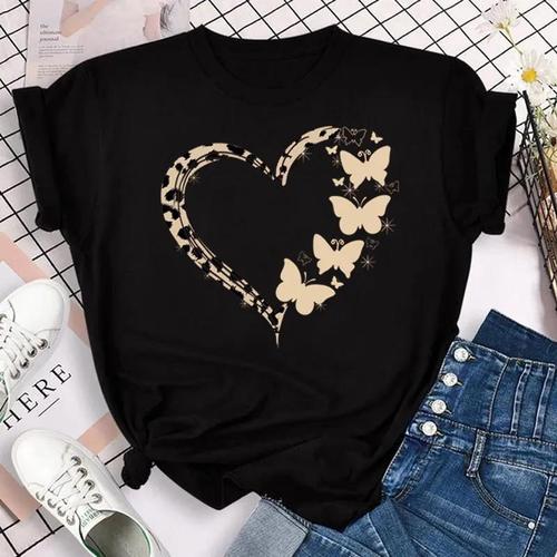 Fashionable Women's T-Shirt with Colorful Butterfly and Petal Print Short-Sleeve and Round Neck Cute Graphic T-Shirt Top for Girls