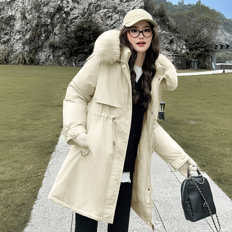 2025 invierno extraíble sombrero para superar el nuevo estilo de mujer de estilo largo y medio con camisa de algodón gruesa y delgada chaqueta de algodón