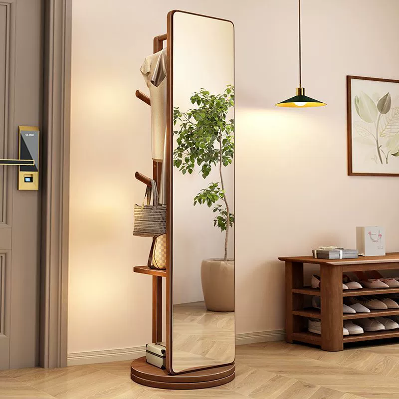 Зеркало для туалетного столика из цельного дерева, зеркало в полный рост, бытовая вращающаяся вешалка для одежды, напольная стойка для хранения зеркал, увеличенное зеркало для спальни.
