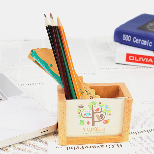 Marco de foto de madera sólida lápiz creativo multifuncional lápiz de madera tronco aprendiendo caja de almacenamiento de escritorio
