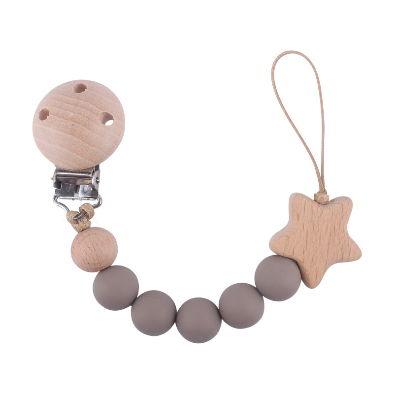Nuevo bebé haya chupete clip calmante bebé cuentas de silicona estrella de haya de dibujos animados cadena de chupete cadena anti-gota