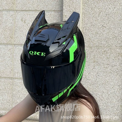 Rider Personalized Motorcycle Full-Face Helmet, Motosiklet kaskı (dəbilqə) - green-and-black-samurai-lens-horns-m