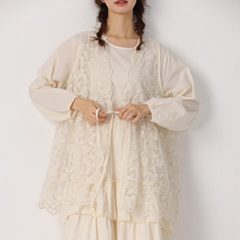 甜美小清新刺绣纯色镂空衬衫女宽松休闲叠穿无袖蕾丝上衣开衫百搭