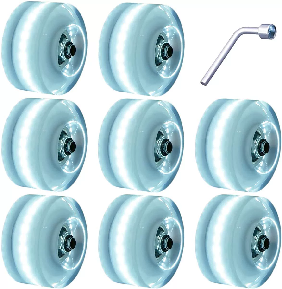 Flashing polyurethane skate wheels, 32 mm, LED motion‑activated, blue/white/pink, sets with tools