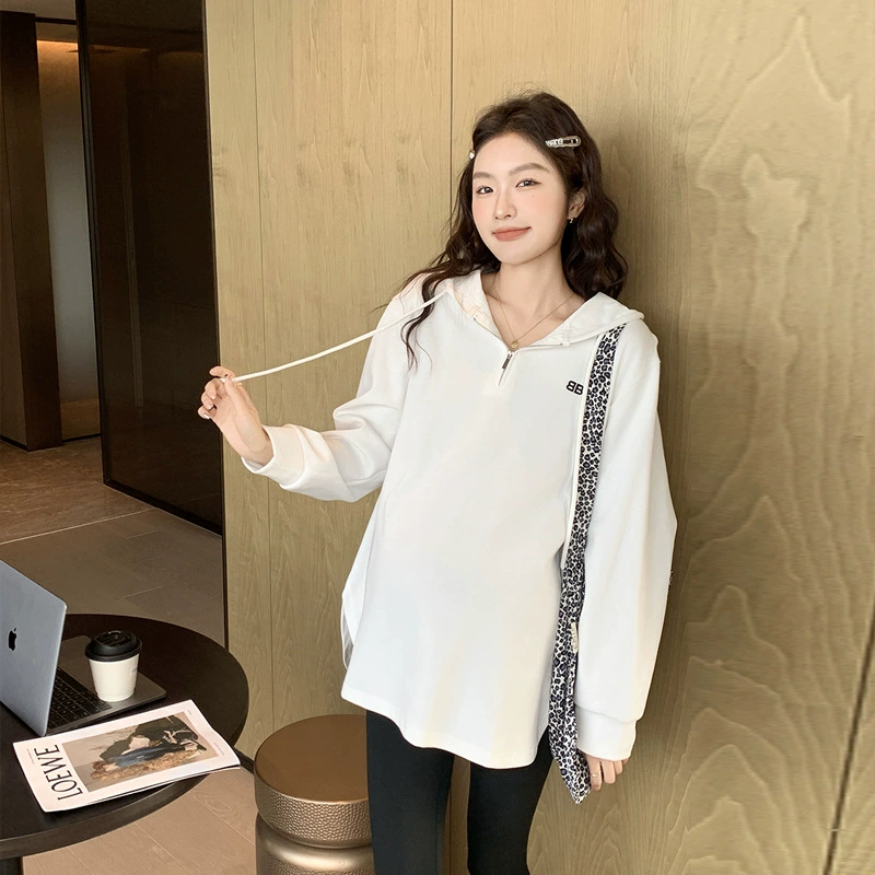 Новая весенняя одежда для беременных, модный топ с капюшоном на молнии для беременных, свободная повседневная футболка средней длины больших размеров