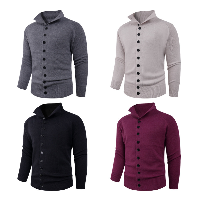 Einfarbiger Herren-Modal-Cardigan, Strickpullover zum Knöpfen, Stehkragen und Schalkragen, dicker Winterpullover, Schwarz/Dunkelgrau/Maschinenwaschbar_voghion.com