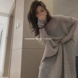 港味时髦气质宽松慵懒风高领毛衣女秋冬薄款韩版中长款针织连衣裙