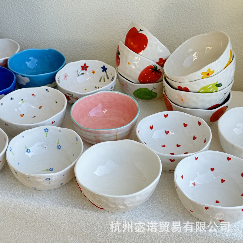 Ins Style Irregular Hand-painted Floral Bowl Hand-kneaded Ceramic Bowl Cute South Korea Underglaze Color High-value Dessert Bowl Ins Style Irregular Hand-painted Floral Bowl Hand-kneaded Ceramic Bowl Cute South Korea Underglaze Color High-value Dessert Bowl