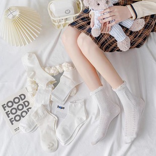 White Socks Women's Mid-length Socks Cute Curl Japanese jk Spring and Summer Thin Lolita Sweet Japanese Cotton Stockings