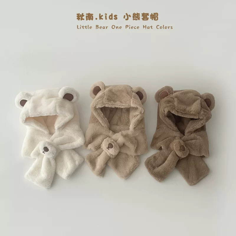 Детская Velvet Bear Hood шапка и шарф набор для мальчиков - корейский стиль, ветронепроницаемый, ушки-медведя