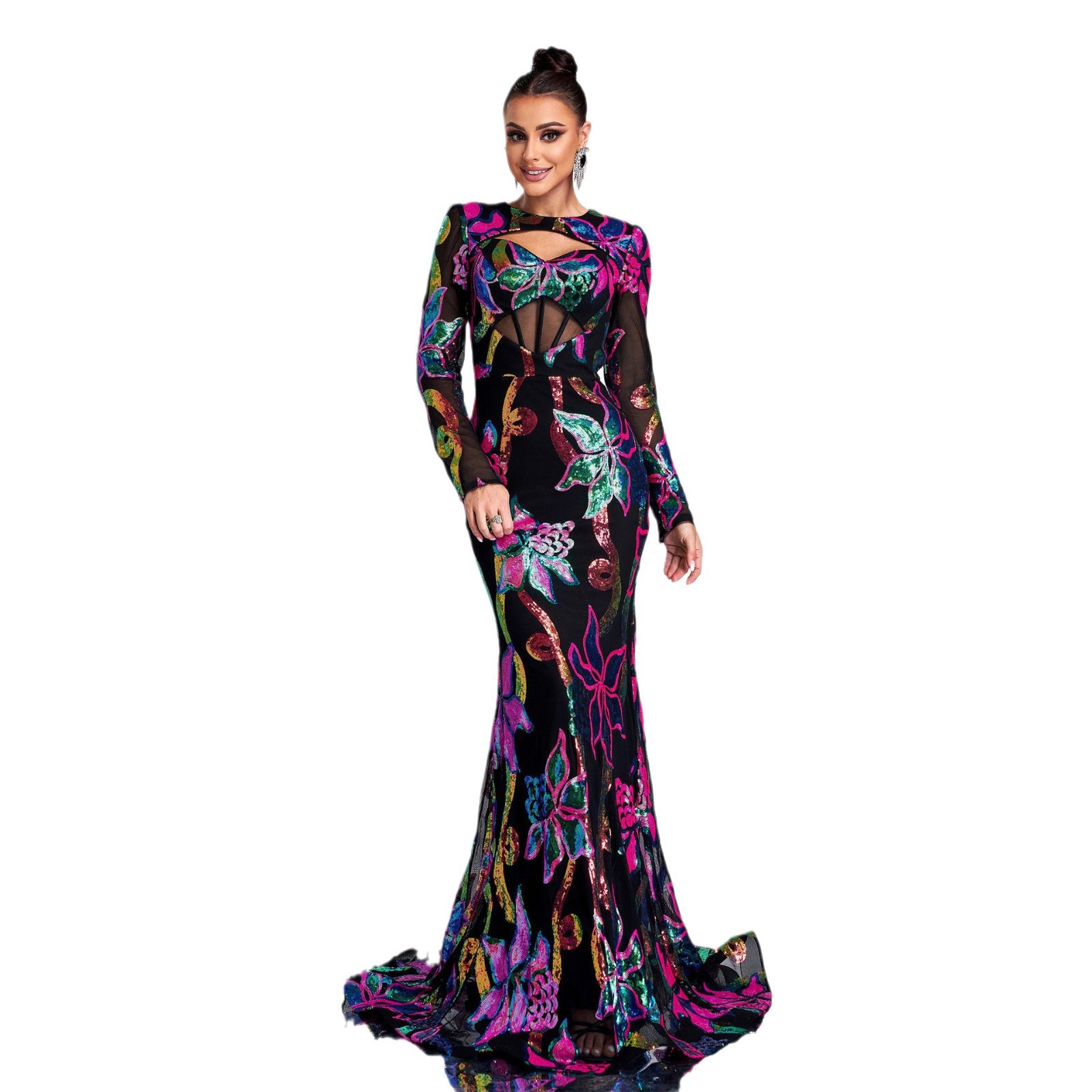 Cross Border European And American Long Sleeved Round Neck Sexy Hollow Long Sequined Banquet Fishtail Evening Dress Bridesmaid Dress Dress Women_ecoleips.com