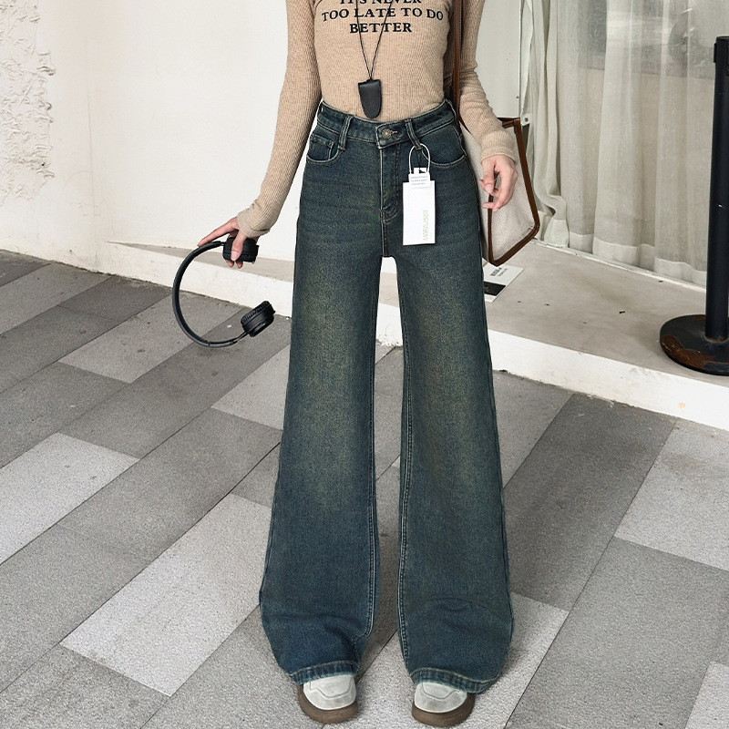 American-Style Winter Fleece-Lined Thick Wide-Leg Jeans for Women 2025 New Design High-Waisted Slimming Floor-Length Straight Pants