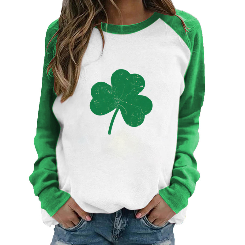 2024 Cross-border St. Pacrit Long-sleeved Clover Shoulder Women's Sweatshirt Irish Green Foreign Trade Top