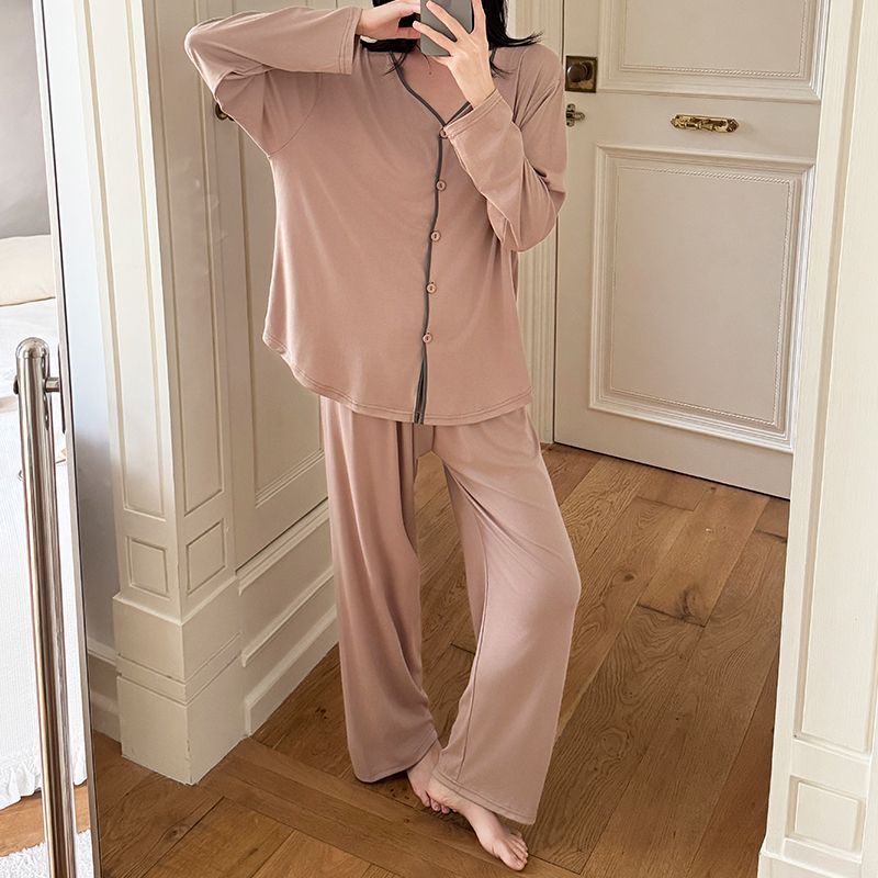 人棉睡衣女款春秋季韩系慵懒风简约开衫长袖两件套装家居服可外穿|undefined