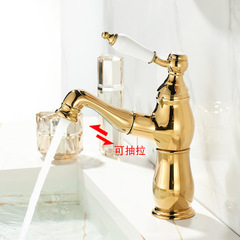 French retro pull-out faucet full copper basin wash faucet bathroom gold ceramic handle hot and cold water head