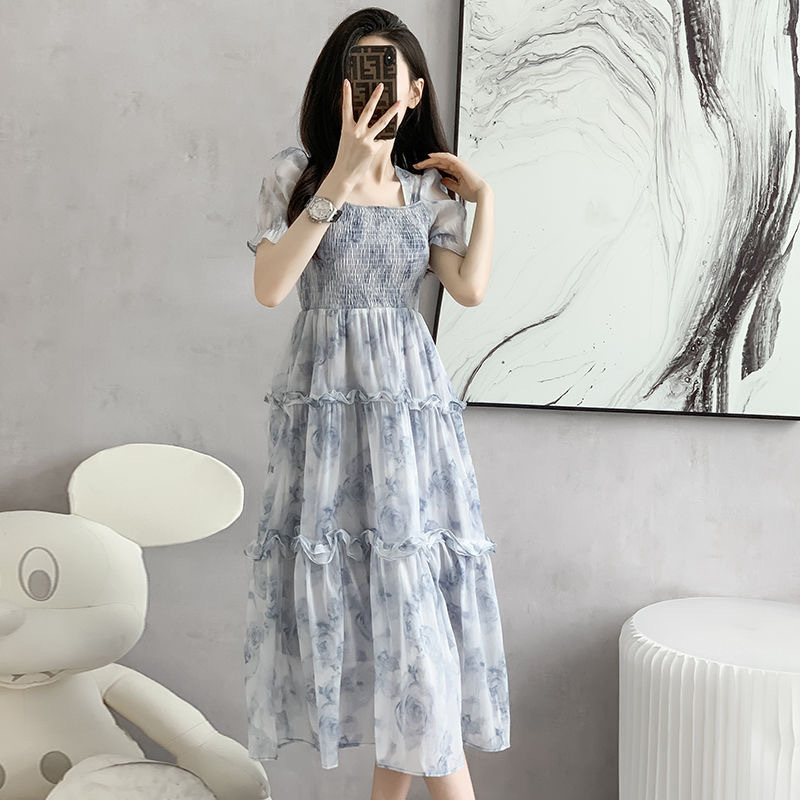 Vintage Square Collar Floral dress Women's Summer 2025 New Super Fairy-style Slim-fit Waist Long Skirt with Wood-ear Edge Vintage Square Collar Floral dress Women's Summer 2025 New Super Fairy-style Slim-fit Waist Long Skirt with Wood-ear Edge