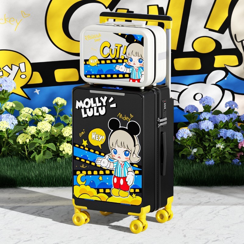卸売フロントオープン 20inch スーツケースサイドバックルフロントオープンカバートロリーアルミフレームトロリーケース USB 充電カップホルダー付き|undefined