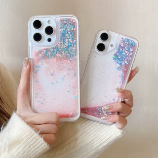 适用简约白彩心粉iPhone16手机壳苹果8plus流沙液体X保护套13