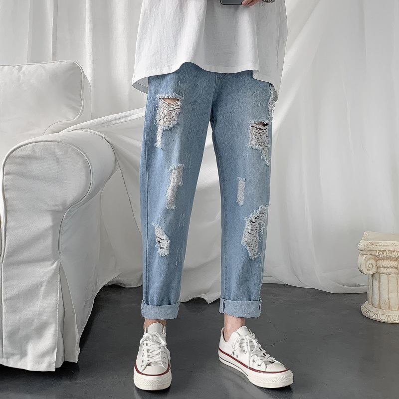 Hong Kong style summer cropped jeans men's personality scraping loose Korean style ripped student summer elastic waist pants