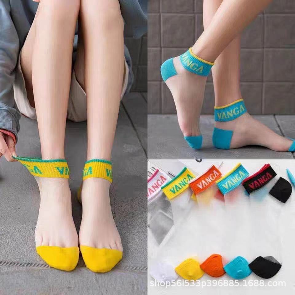 Girls Summer Breathable Crystal Socks Thin Transparent Letter Short Socks Low Mouth Invisible Socks