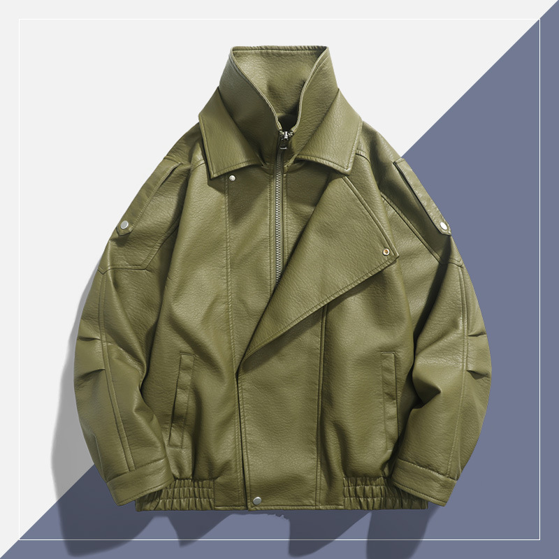 Kişi üçün retro dəri jaket, iki yaxalı, metal düyməli