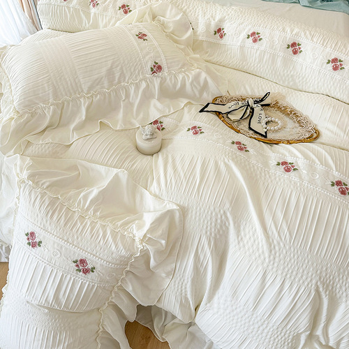 Four seasons seersucker washed cotton bed set four-piece princess style girly heart bedding sheets fitted sheet quilt cover universal for all seasons