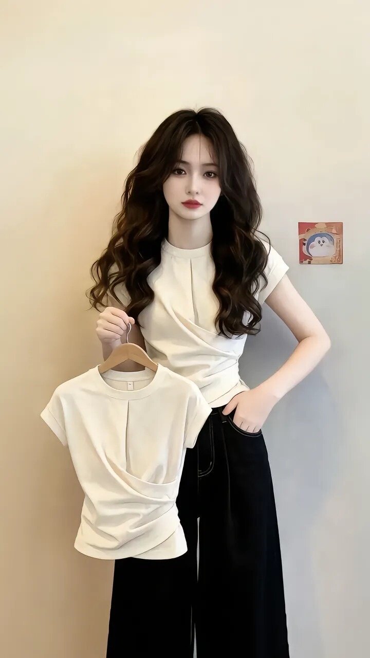 Áo thun nữ cổ tròn tay ngắn thiết kế mới mùa hè — màu trắng ngà chi tiết 1